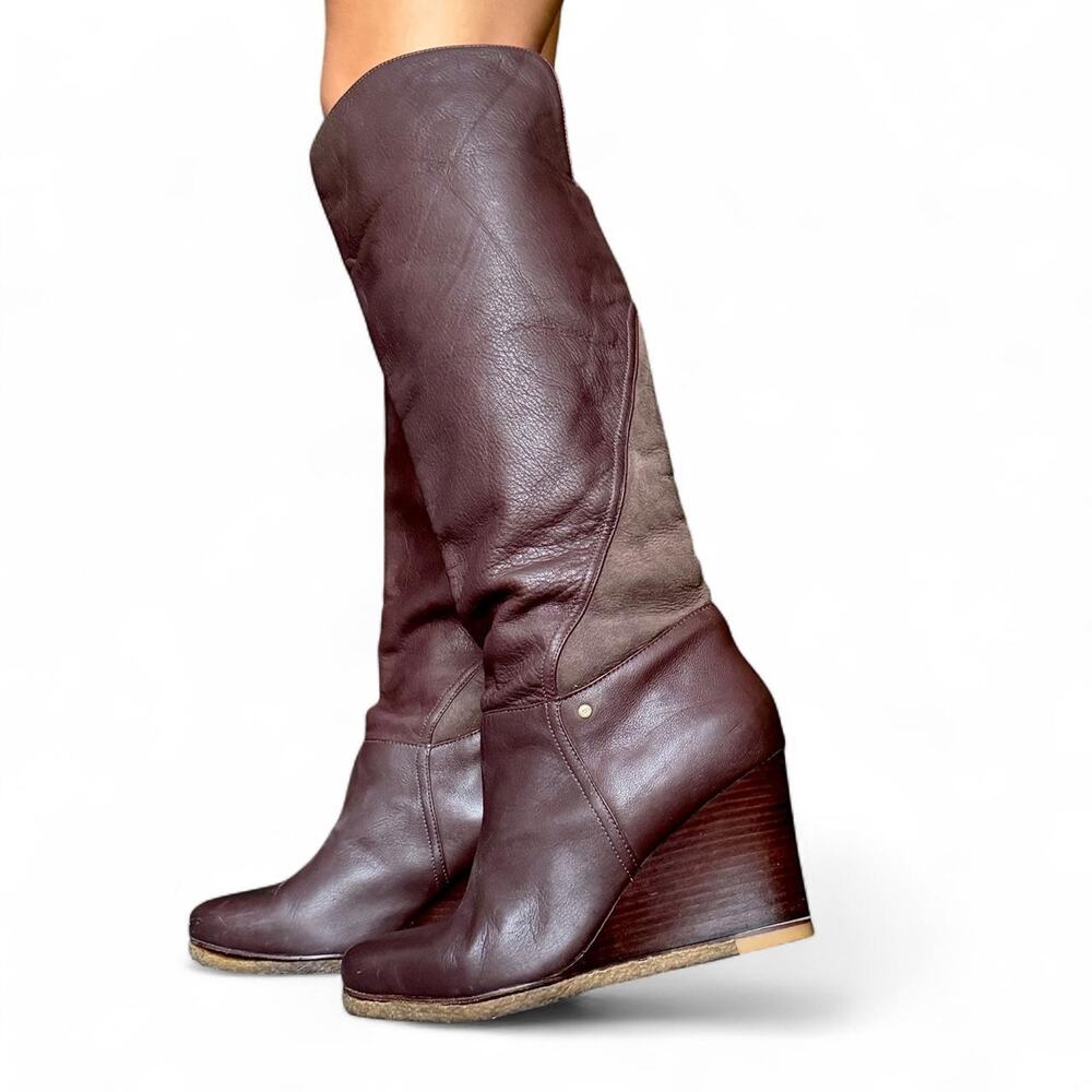 RARE VTG UGG Deep Burgundy Oxblood Leather Sheepskin Knee High Wedge Boots Sz 10